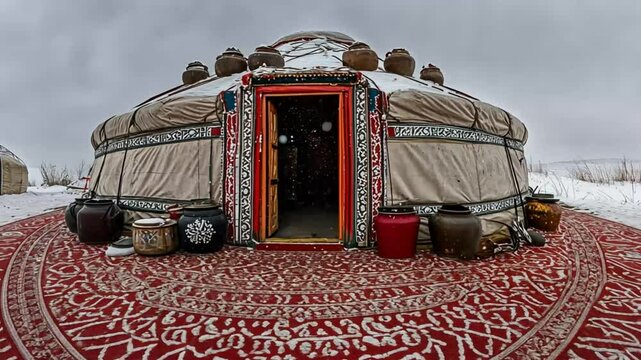 Winter's Embrace: A Mongolian Yurt in Snowy Landscape