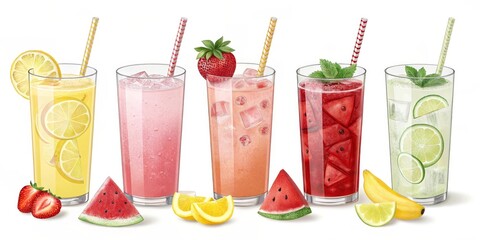 Refreshing summer drinks, featuring vibrant fruit flavors including watermelon, mango, lemonade, mojito, lemon ice tea and white background.