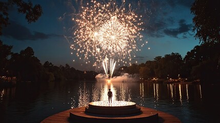 Fireworks illuminating the night sky over a body of water.
