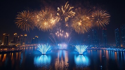 Fireworks illuminating the night sky over a body of water.
