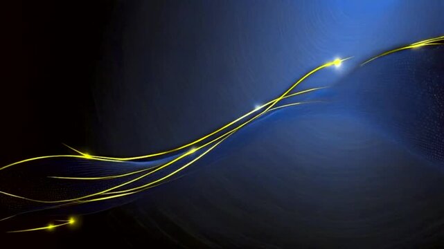 Abstract gold lines flowing on a dark blue background, creating a dynamic and elegant design.