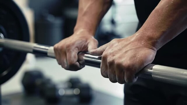 Weightlifting hands grip barbell