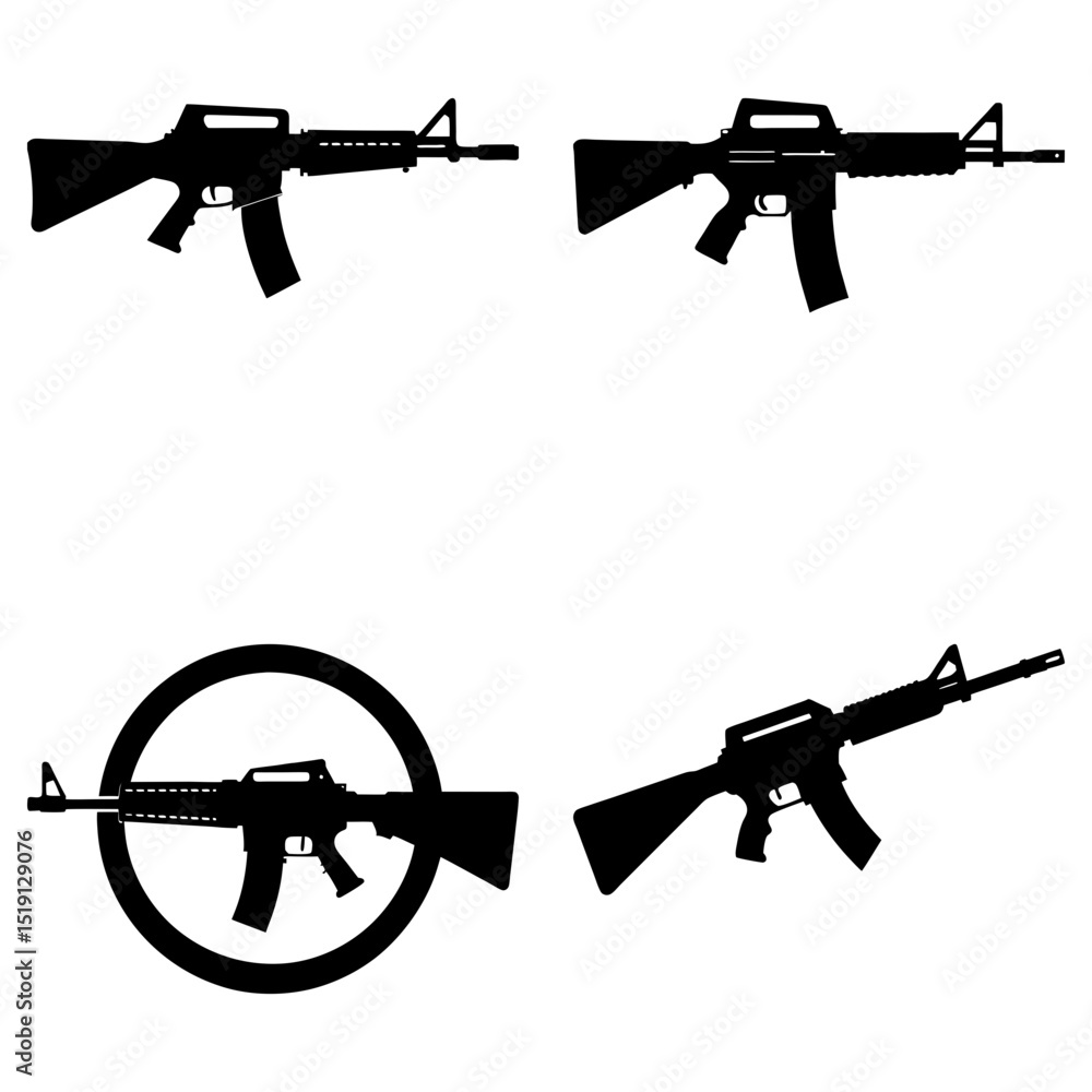 Poster silhouette depiction of four assault rifles in varying positions and one inside a circle design elem