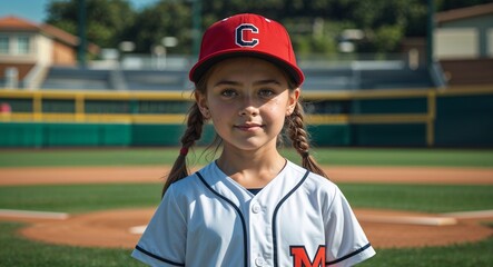 kid child Caucasian girl in baseball field background sports concept uniform portrait model photoshoot