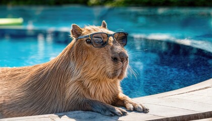 Relaxed Capybara Lounging in Style with Sunglasses at Shimmering Swimming Pool A Tropical Oasis of Tranquility and Chic, Perfect for Digital Art, Home Decor, or Design Inspiration.