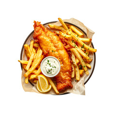 Delicious crispy fried fish and chips meal with tartar on transparent background