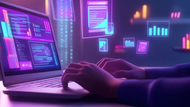Hands are typing on a laptop while colorful digital elements related to data and communication float around in an office environment