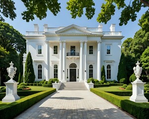 White Neoclassical Mansion with Grand Entrance and Lush Landscaping