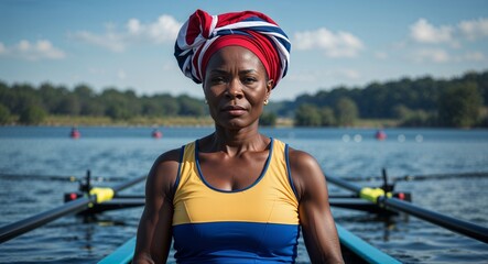 middle age African woman in rowing lake background sports concept uniform portrait model photoshoot