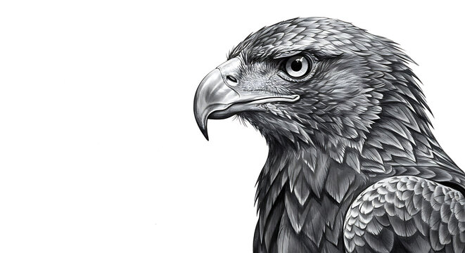 Professional pencil sketch of a regal eagle, ultra-realistic feather texture and piercing eyes, right-positioned with clean white background for dramatic emphasis