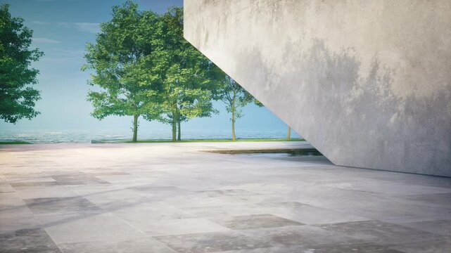 Empty concrete floor terrace near water in pond. 3d rendering of abstract gray building with sea and clear sky background.