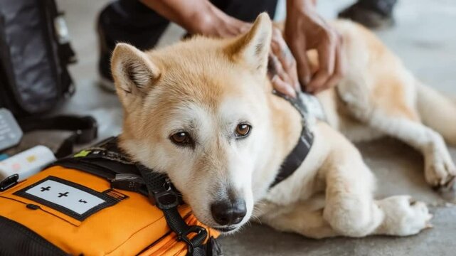 Gentle Canine in Service: A compassionate scene of a calm dog wearing a service vest being tenderly cared for, highlighting the bond and care that service animal have.