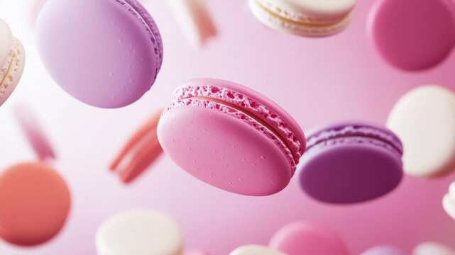 A variety of colorful macarons hover in the air against a pastel pink background