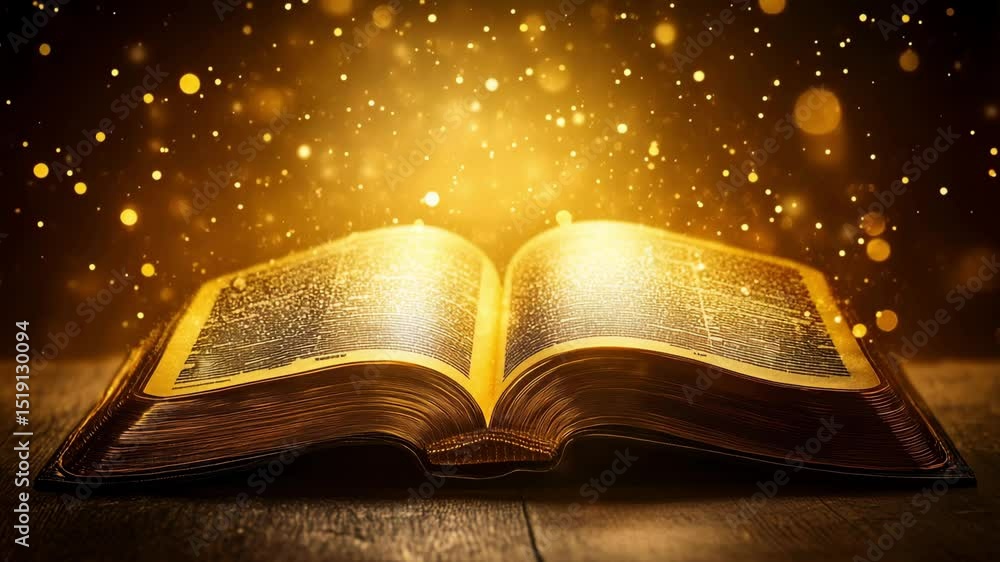 Poster a golden book lies open on a wooden table while shimmering light particles fill the air, creating a 