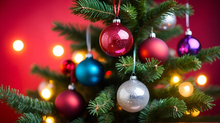 Obraz premium Colorful Glass Ornaments on a Tree with Red Background and Bright Bokeh Lights for Holiday Celebrations