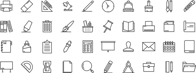Stationery Icon Set, Office Supplies Icons, Writing Tools Icon Pack, School and Stationery Icons, line icon