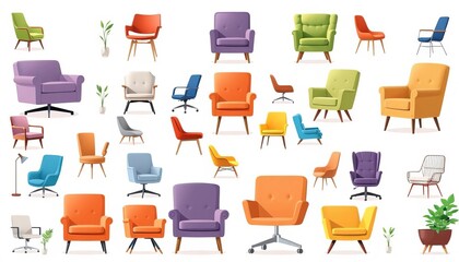 Flat vector illustrations of diverse chairs and armchairs for home and office use, isolated on white,  design element,  shapes