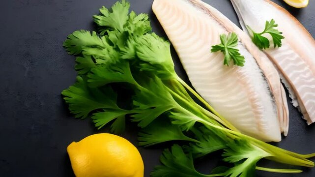 Fresh cod fillet preparation with lemon, parsley, and coarse salt on a dark textured surface ready for cooking.