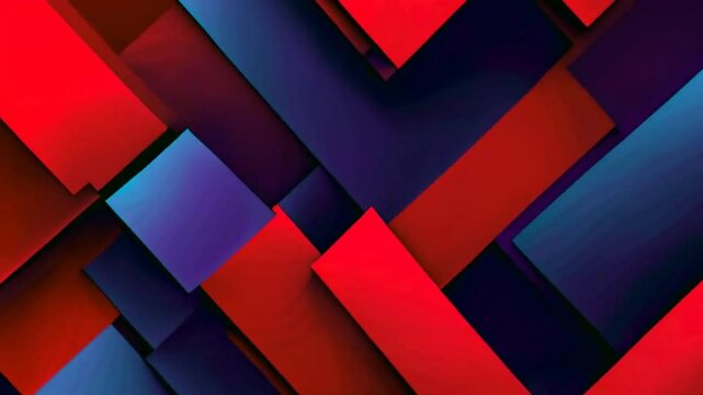Abstract geometric pattern of overlapping red and blue rectangles, creating a dynamic visual effect.