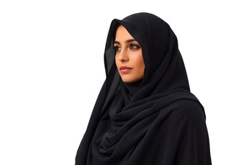 Woman in black abaya posed against plain white background