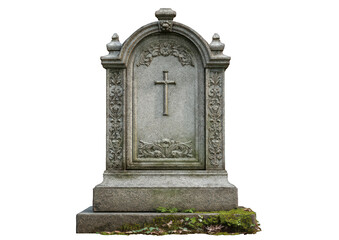 Obraz premium Elegantly weathered stone tombstone with a cross on black background, graveyard