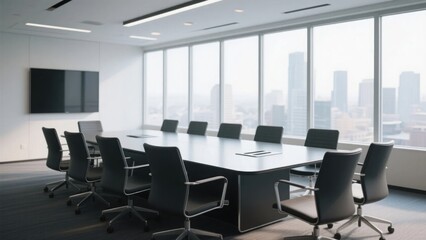 Empty chairs around a sleek table in a modern conference room, symbolizing collaboration and professionalism in a corporate setting.