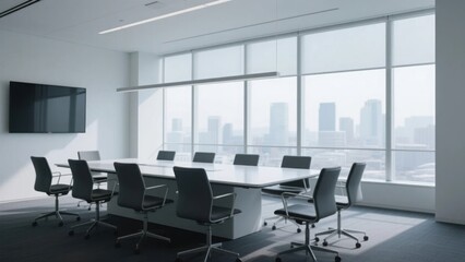 Empty chairs around a sleek table in a modern conference room, symbolizing collaboration and professionalism in a corporate setting.