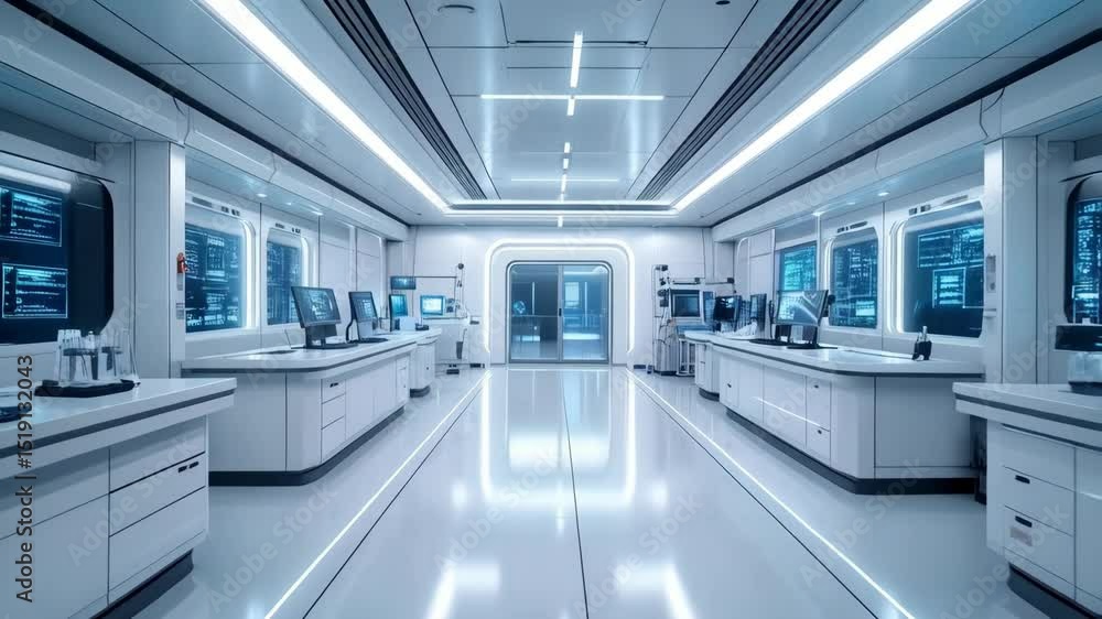 Poster futuristic, sterile interior of a research laboratory with computer workstations and illuminated scr
