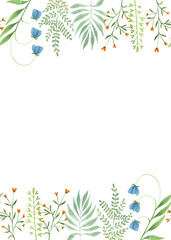 Flower frame, border, card. Floral watercolor illustration for wedding invitations, greeting cards, print design. Spring and summer set of flowers and plants.