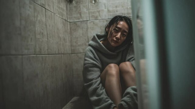 Captive's Gaze: A person sits dejectedly within a confined space, the somber lighting mirroring the internal struggle of a woman facing an ordeal, their face etched with exhaustion and distress.
