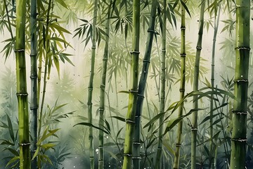 Bamboo leaves with dew drops in early morning light in watercolor style