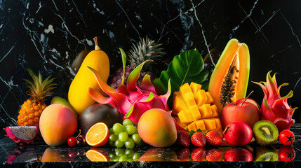 Exquisite Tropical Fruits Mangoes, Papayas, Dragon Fruits on Elegant Black Marble