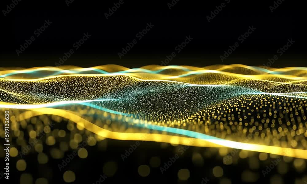 Aufkleber abstract golden and blue light wave particle background with motion and dynamic design on a black ba
