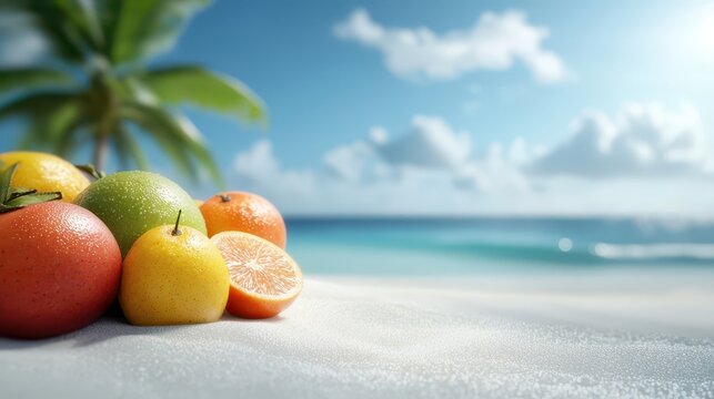 fruit summer beach concept. Vibrant fruits on sandy beach with ocean in the background under a bright sky.