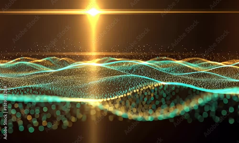 Poster abstract golden and teal particle wave on dark background with bokeh lighting