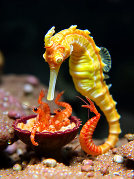 Long-snouted seahorse (Hippocampus guttulatus) with its food, opossum shrimps (Mysida)