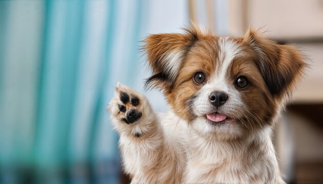 Playful Pup Wagging Its Paw, Adorable Brown White Canine Displaying Affectionate Gesture against a Backdrop of Soft Natural Light.