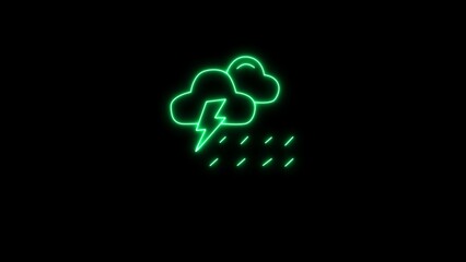 Neon lightning storm sign. glowing night storm icon with rain icon image. lightning storm icon on black background.