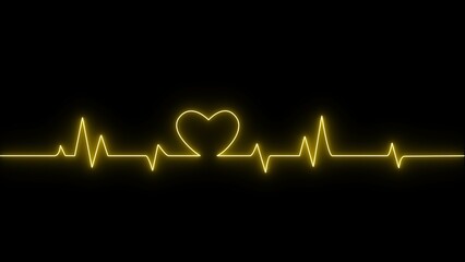 Neon digital heartbeat plus icon image. Heartbeat pulse electrocardiogram rhythm on black background.