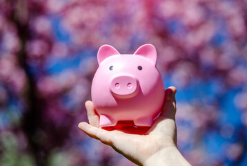 Girl holding piggy Bank against the background of blossoming Sakura
