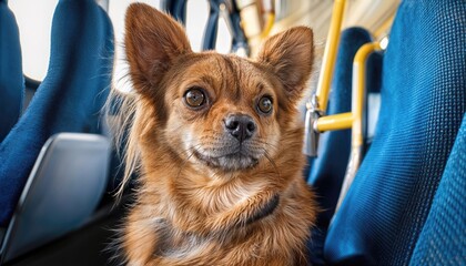 Tranquil Moment A Small Brown Dog Relaxing on a Public Bus Amidst Urban Commute, Capturing the Calm Amidst Chaos in Vibrant City Life.