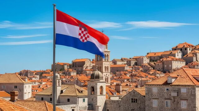 Croatian Flag Waving Above the Historic Cityscape of Dubrovnik