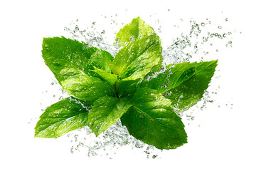 Fresh green mint leaves with water splashes isolated on white or transparent png