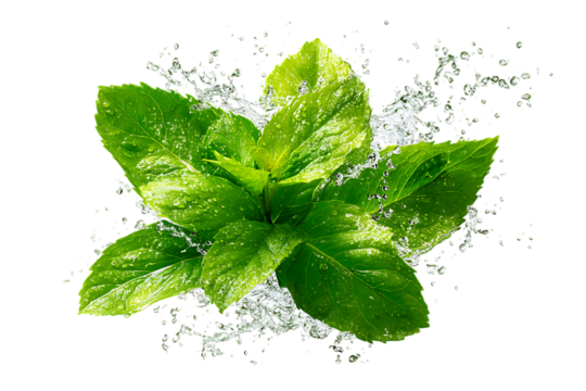 Fresh green mint leaves with water splashes isolated on white or transparent png
