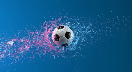 Naklejka premium Soccer ball amidst colorful water splashes on a vivid blue background