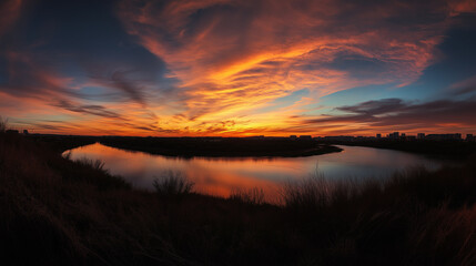 Breathtaking Fiery Sunset Over Meandering River – Dramatic Orange and Red Sky Reflected in Calm...