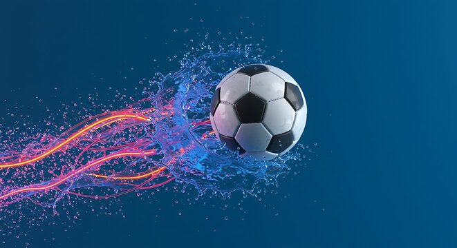 Soccer ball with dynamic water splash and abstract light trails in motion