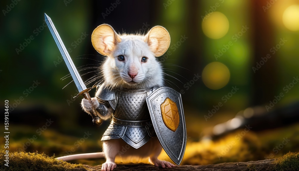 Poster knightly mouse adventure a tiny squire in armor, brandishing sword and shield in a whimsical, vibran