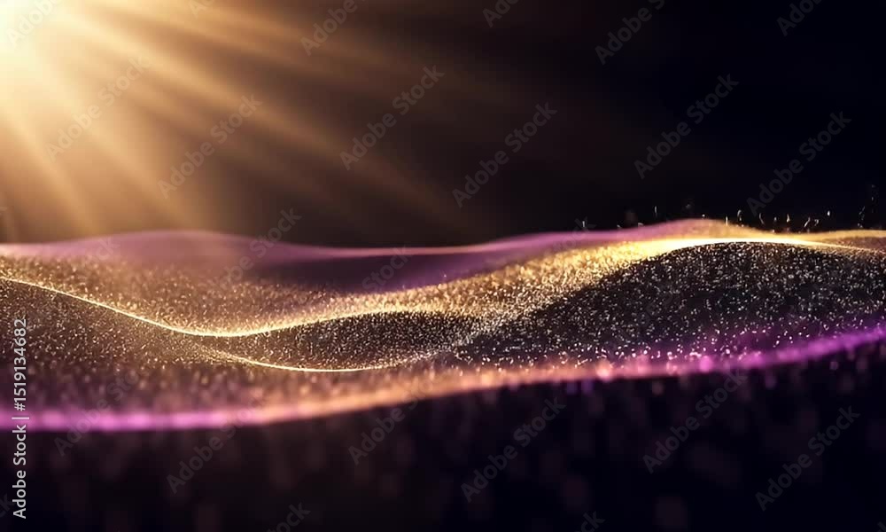 Aufkleber abstract golden purple wave particles flowing with bokeh light effects on black background digital r