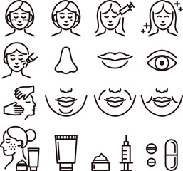 美容医療　美容整形　人物　女性　ラインアイコン　線　シンプル　イラスト素材セット